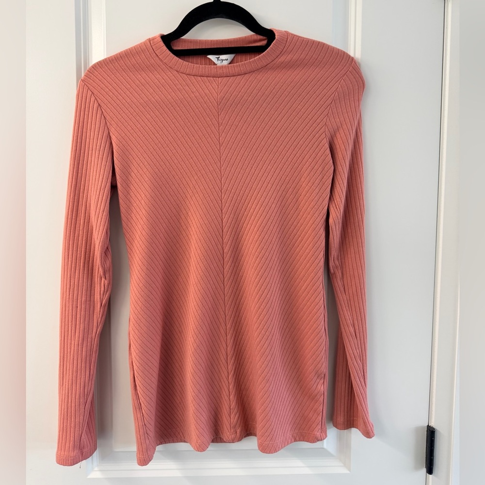 Thyme Maternity Ribbed Long-Sleeve Crewneck Top in Dusty Rose